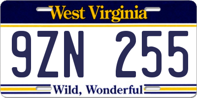 WV license plate 9ZN255
