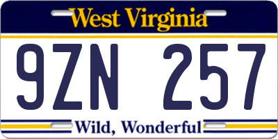WV license plate 9ZN257