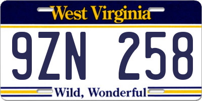 WV license plate 9ZN258
