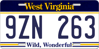 WV license plate 9ZN263