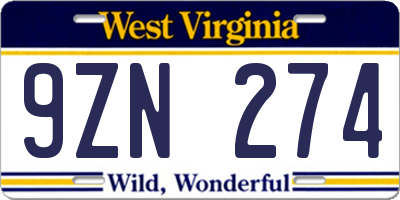 WV license plate 9ZN274