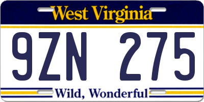 WV license plate 9ZN275
