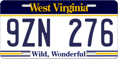 WV license plate 9ZN276