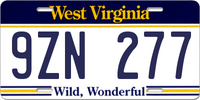 WV license plate 9ZN277
