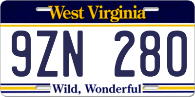 WV license plate 9ZN280