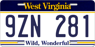 WV license plate 9ZN281
