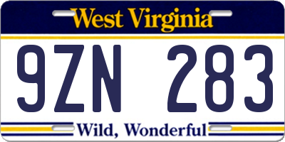 WV license plate 9ZN283