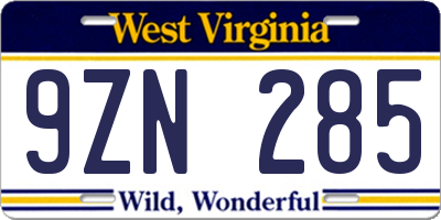 WV license plate 9ZN285