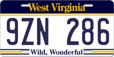 WV license plate 9ZN286