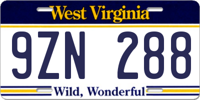 WV license plate 9ZN288