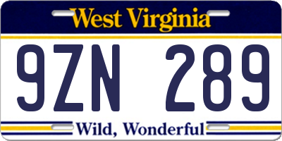 WV license plate 9ZN289