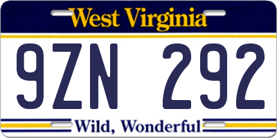 WV license plate 9ZN292