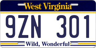 WV license plate 9ZN301