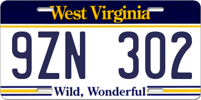 WV license plate 9ZN302