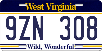 WV license plate 9ZN308