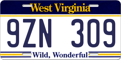 WV license plate 9ZN309