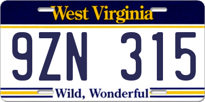 WV license plate 9ZN315