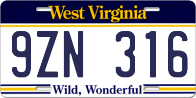 WV license plate 9ZN316