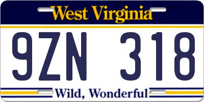 WV license plate 9ZN318