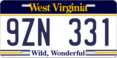 WV license plate 9ZN331
