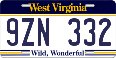 WV license plate 9ZN332