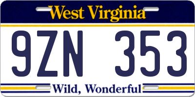 WV license plate 9ZN353