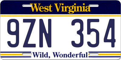 WV license plate 9ZN354