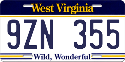 WV license plate 9ZN355