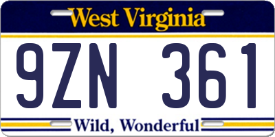 WV license plate 9ZN361