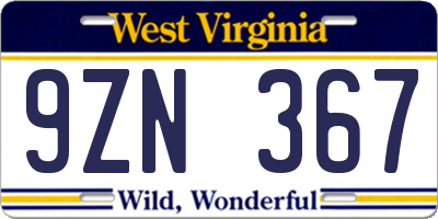 WV license plate 9ZN367