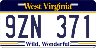WV license plate 9ZN371