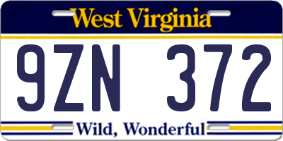 WV license plate 9ZN372
