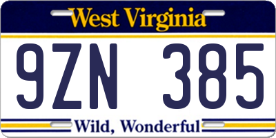 WV license plate 9ZN385