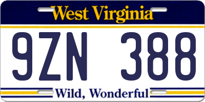 WV license plate 9ZN388
