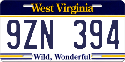 WV license plate 9ZN394