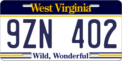 WV license plate 9ZN402