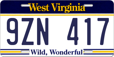 WV license plate 9ZN417