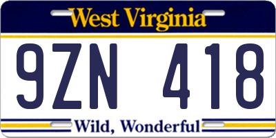 WV license plate 9ZN418