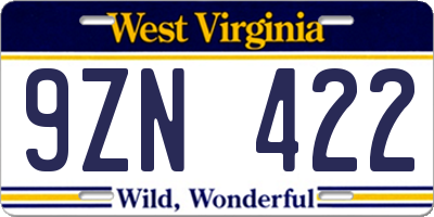 WV license plate 9ZN422