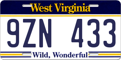 WV license plate 9ZN433