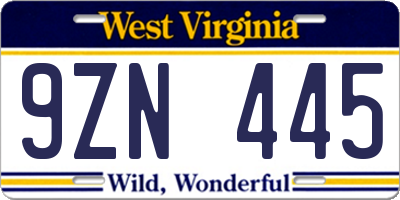 WV license plate 9ZN445