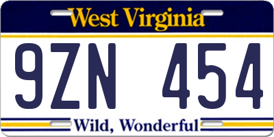 WV license plate 9ZN454