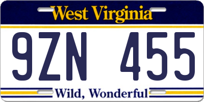 WV license plate 9ZN455