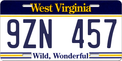 WV license plate 9ZN457