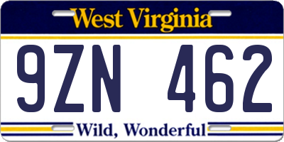 WV license plate 9ZN462