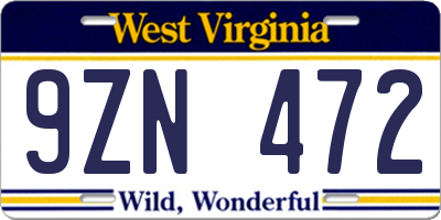 WV license plate 9ZN472