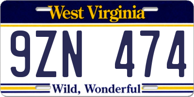 WV license plate 9ZN474