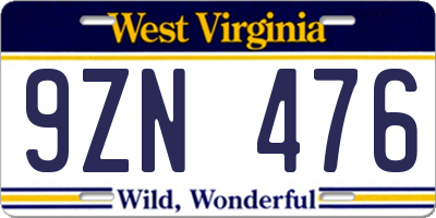 WV license plate 9ZN476