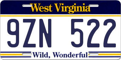 WV license plate 9ZN522