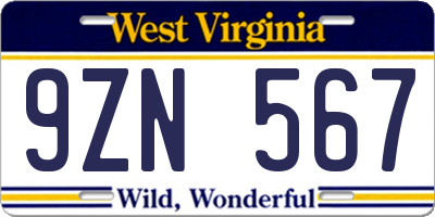 WV license plate 9ZN567